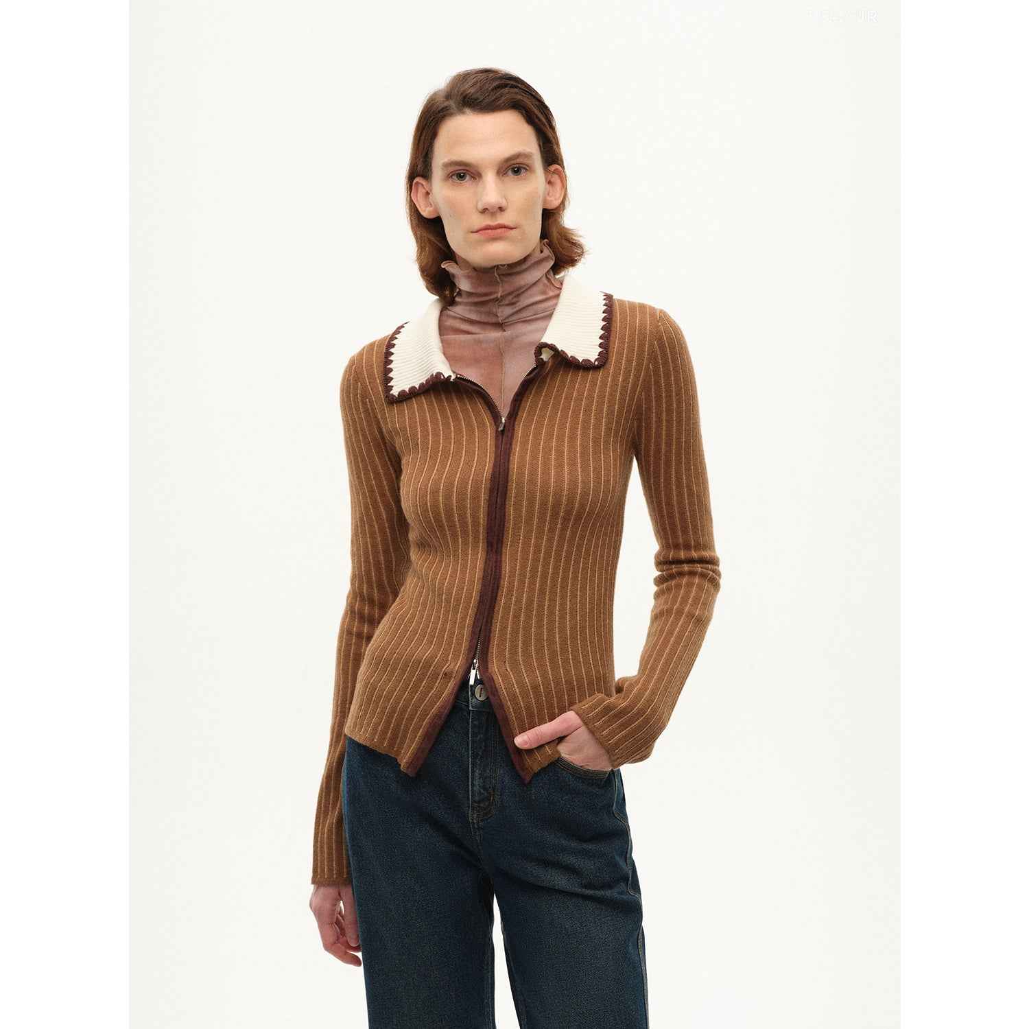 [FF×JW joint striped fabric] Slim - fitting crocheted lapel color - blocked striped comfortable wool knitted cardigan - variant_title