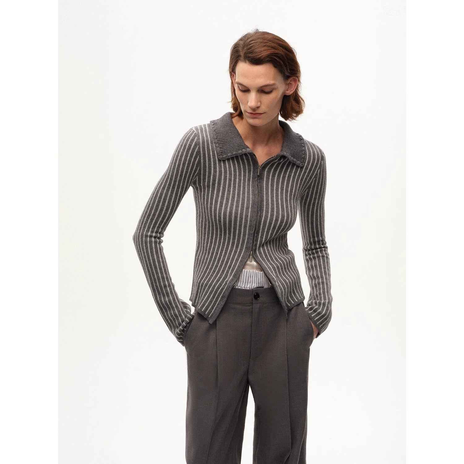 [FF×JW joint striped fabric] Slim - fitting crocheted lapel color - blocked striped comfortable wool knitted cardigan - variant_title