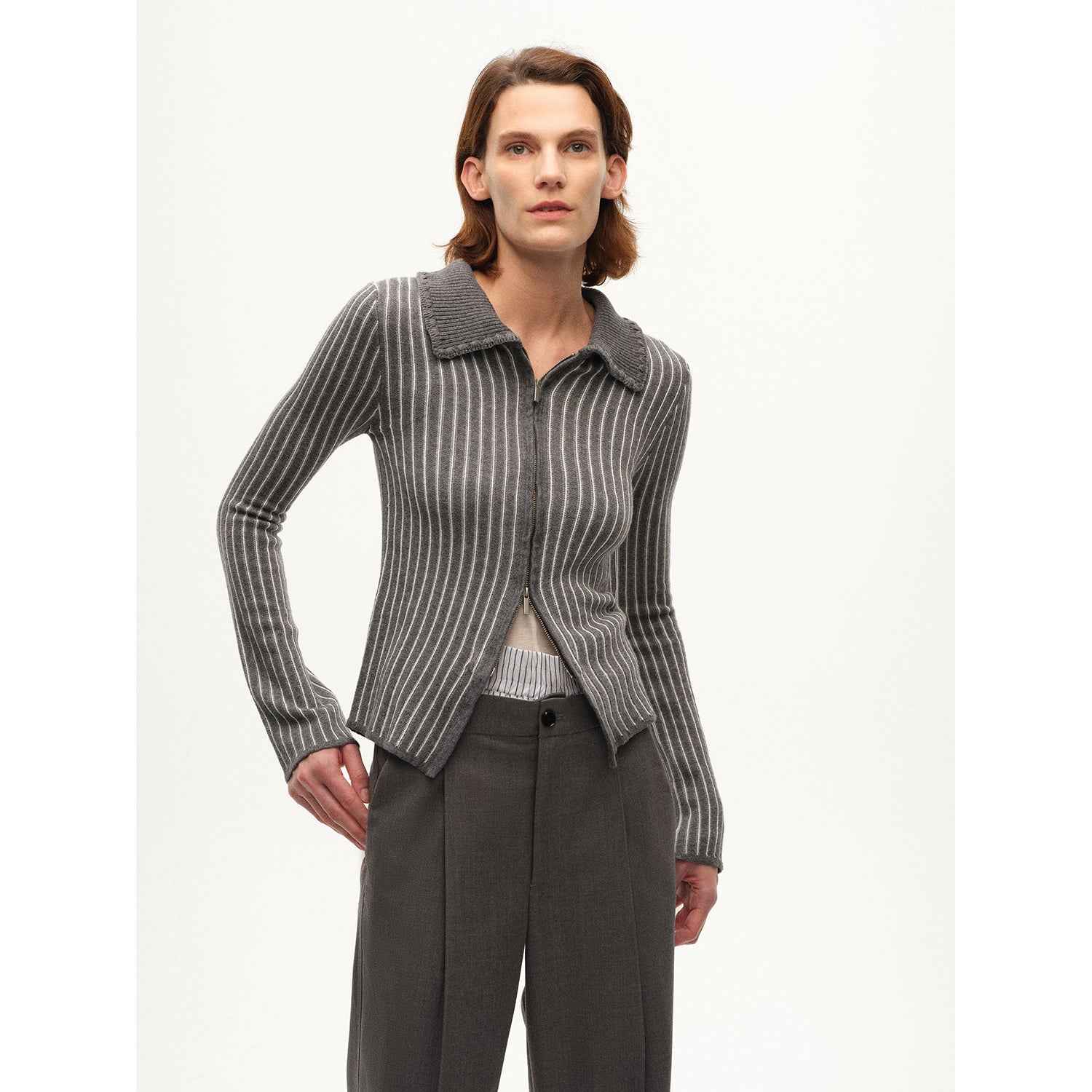 [FF×JW joint striped fabric] Slim - fitting crocheted lapel color - blocked striped comfortable wool knitted cardigan - variant_title