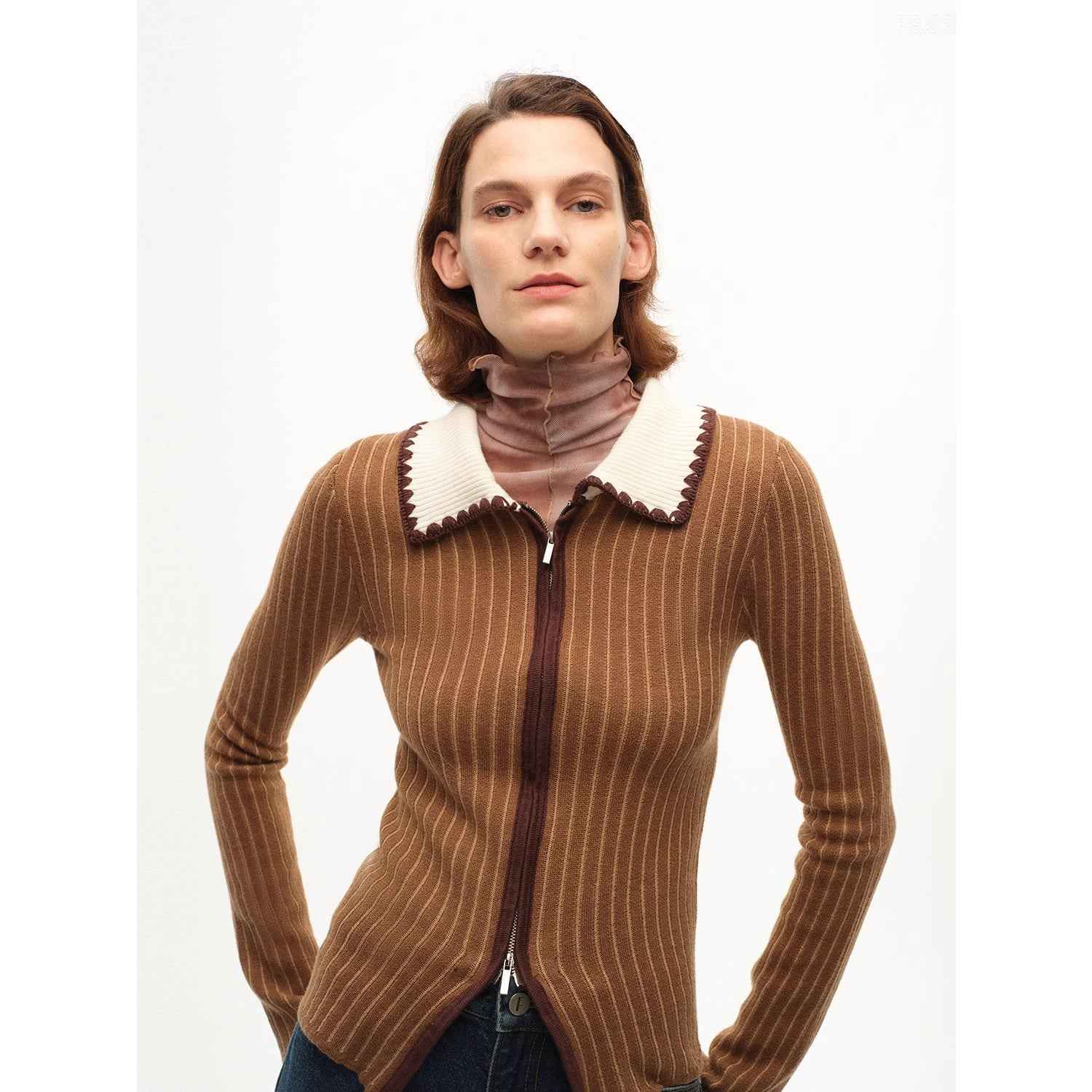 [FF×JW joint striped fabric] Slim - fitting crocheted lapel color - blocked striped comfortable wool knitted cardigan - variant_title