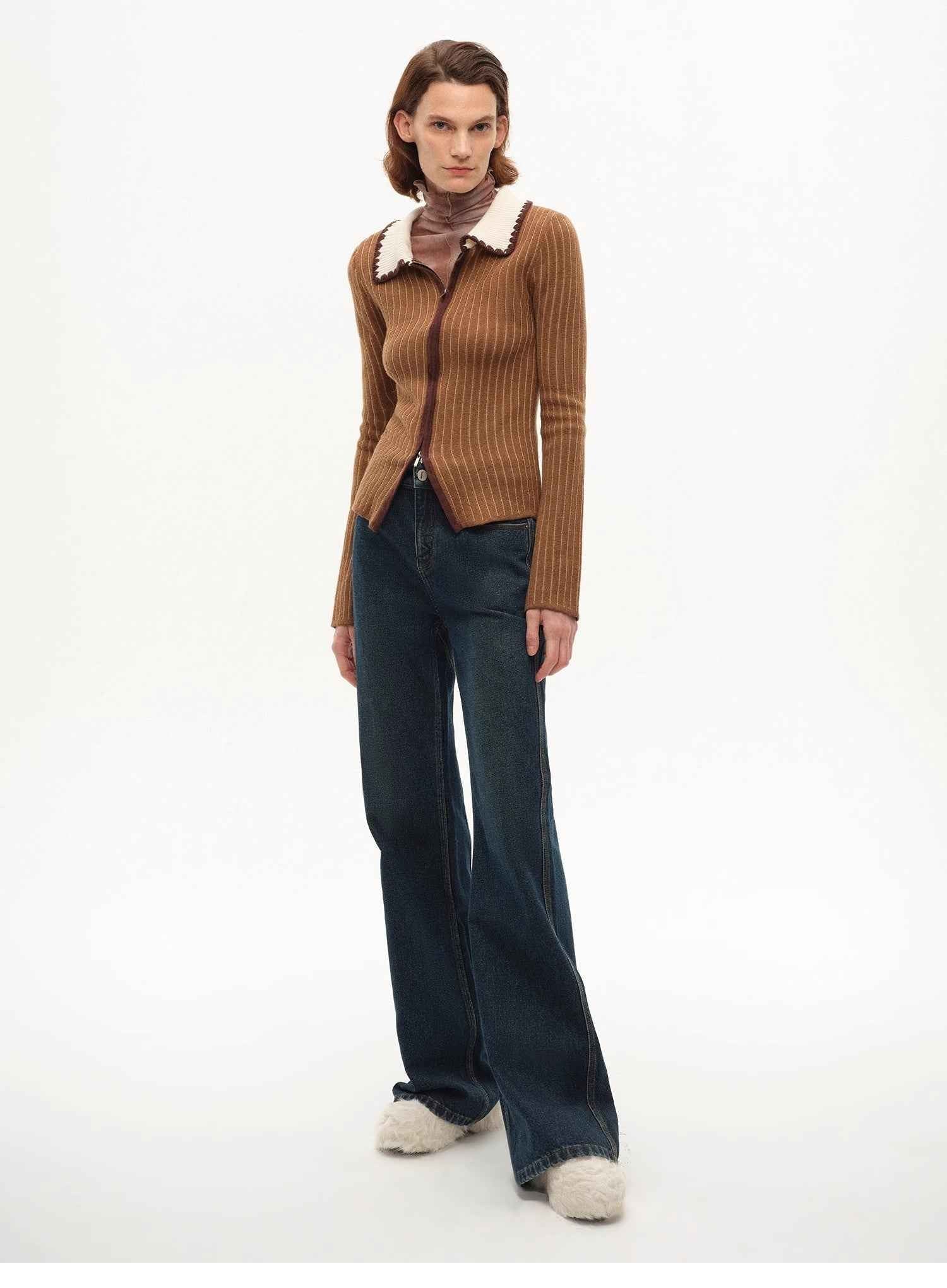 [FF×JW joint striped fabric] Slim - fitting crocheted lapel color - blocked striped comfortable wool knitted cardigan - variant_title