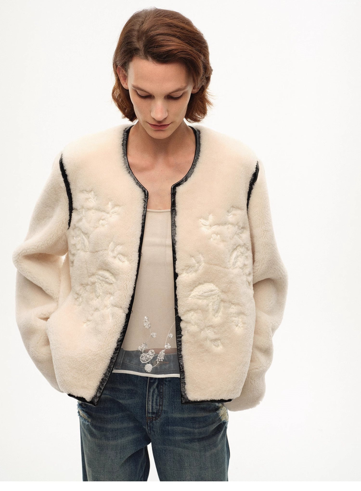 "FF×JW Muse Project" embroidered round neck short merino wool sheepskin fur coat - variant_title