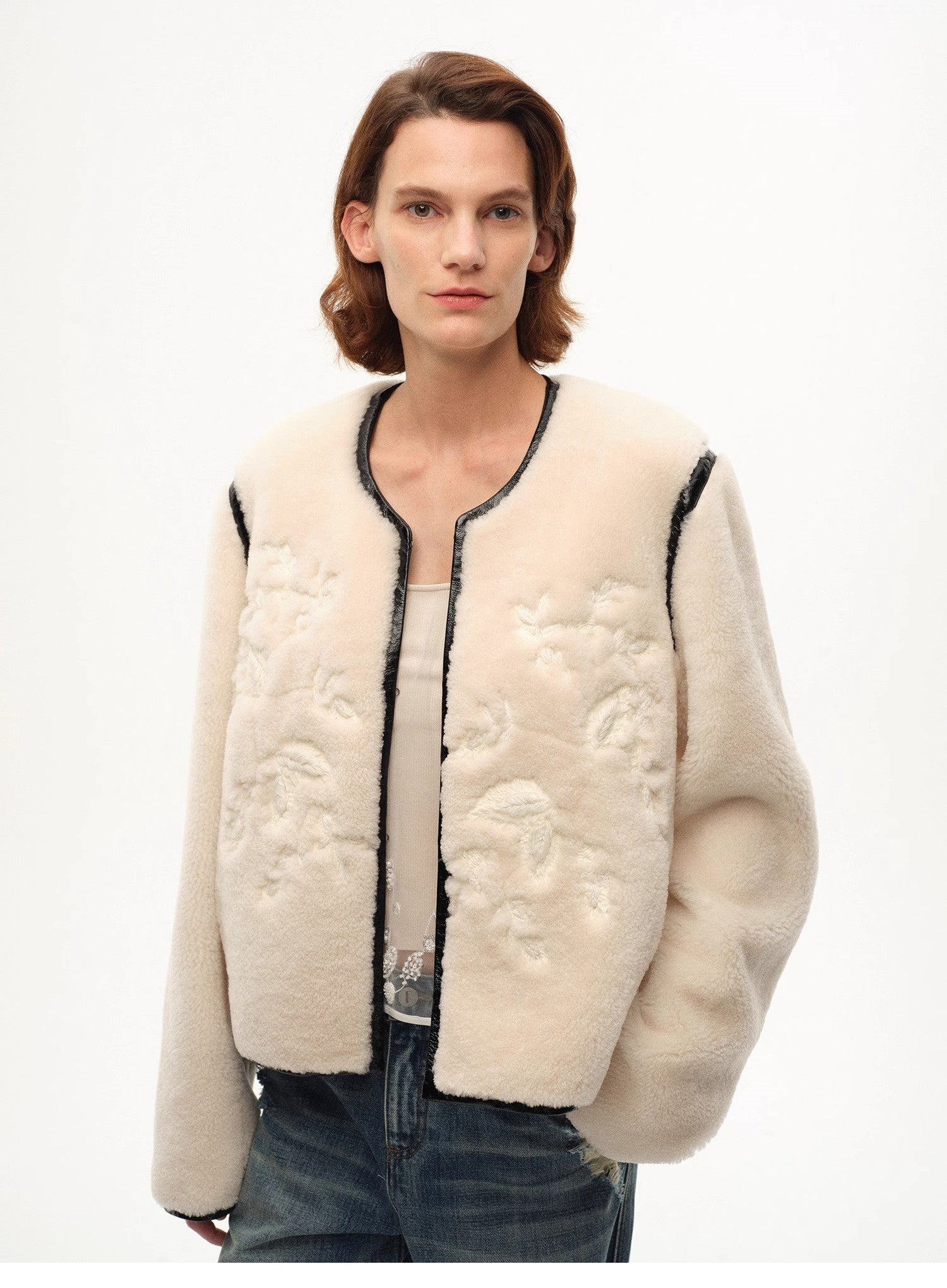 "FF×JW Muse Project" embroidered round neck short merino wool sheepskin fur coat - variant_title