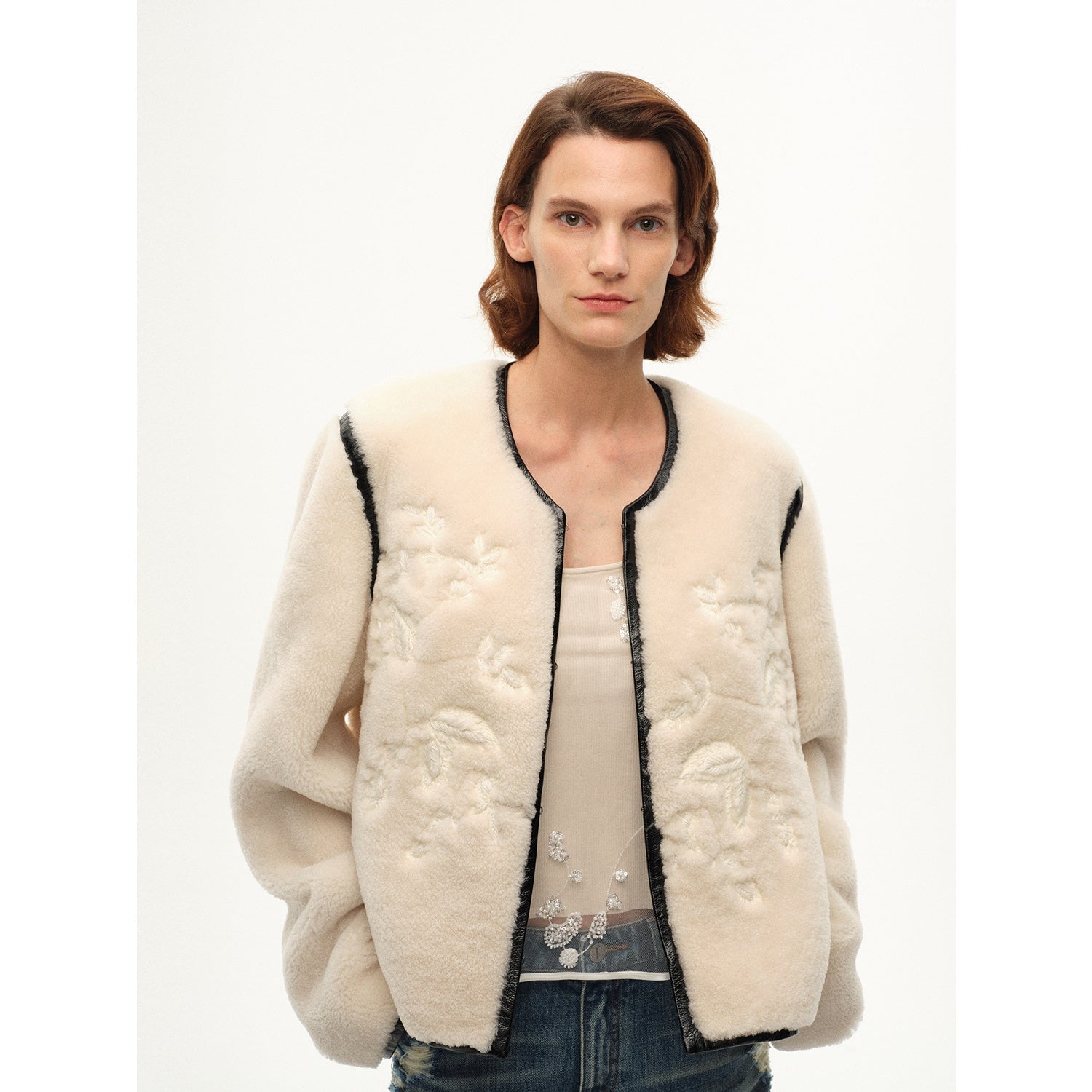 "FF×JW Muse Project" embroidered round neck short merino wool sheepskin fur coat - variant_title