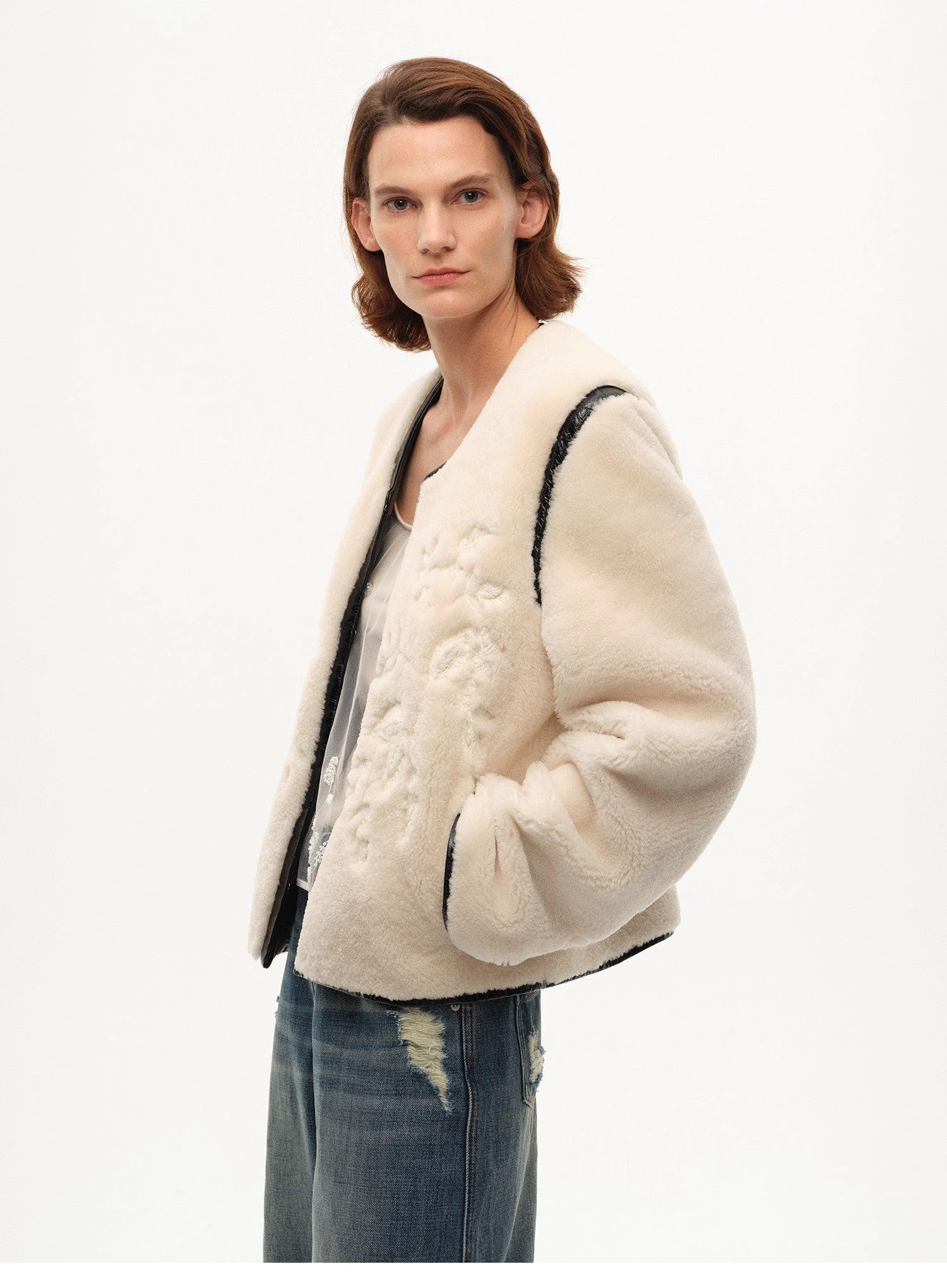 "FF×JW Muse Project" embroidered round neck short merino wool sheepskin fur coat - variant_title