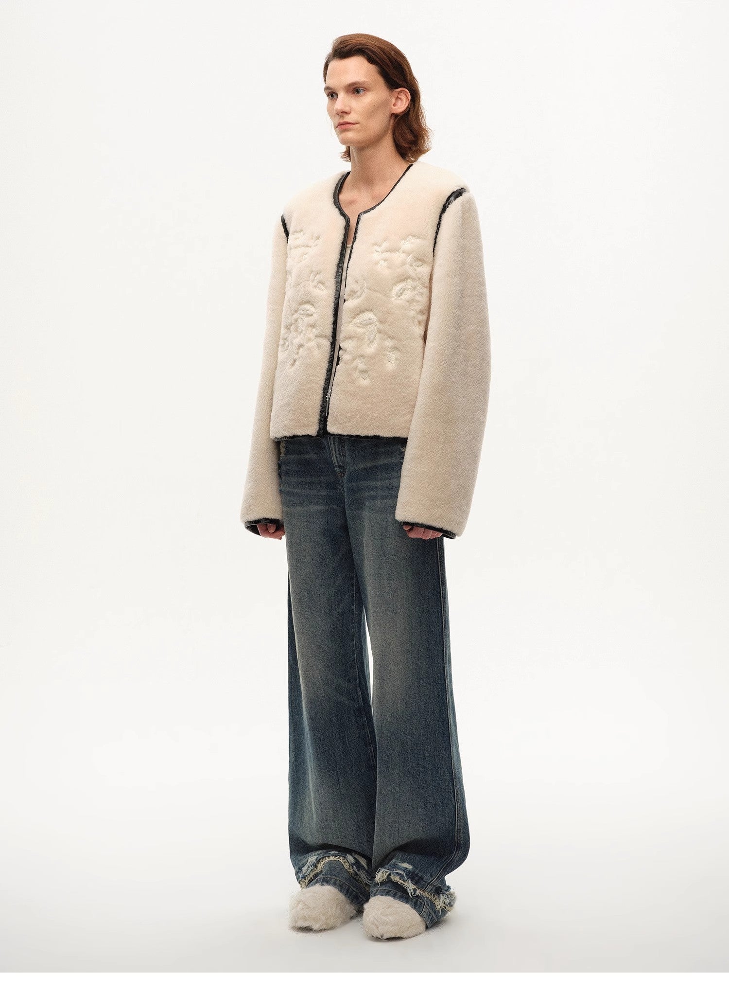 "FF×JW Muse Project" embroidered round neck short merino wool sheepskin fur coat - variant_title
