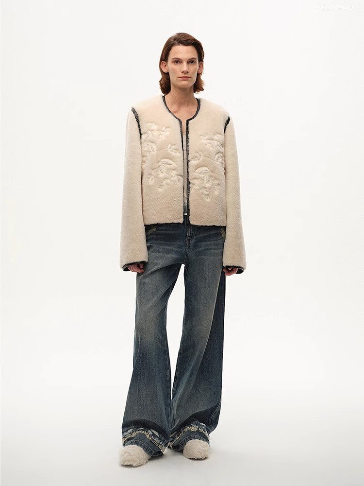 "FF×JW Muse Project" embroidered round neck short merino wool sheepskin fur coat - variant_title