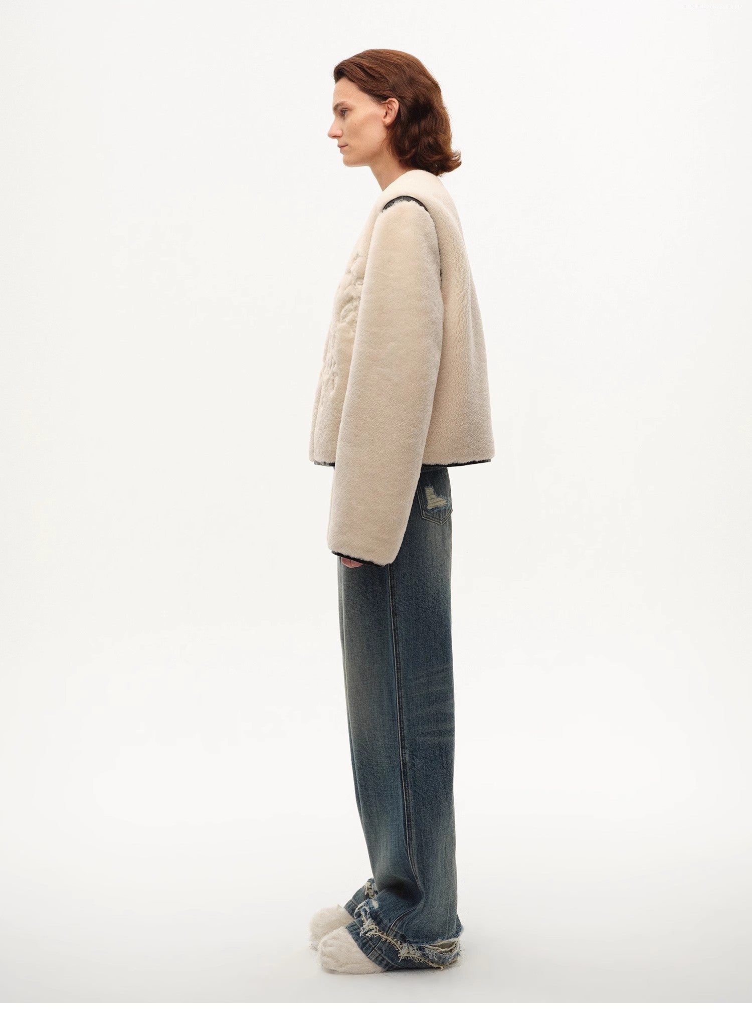 "FF×JW Muse Project" embroidered round neck short merino wool sheepskin fur coat - variant_title