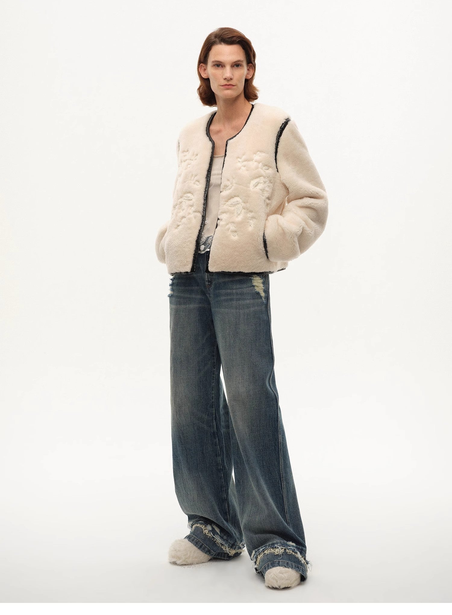 "FF×JW Muse Project" embroidered round neck short merino wool sheepskin fur coat - variant_title