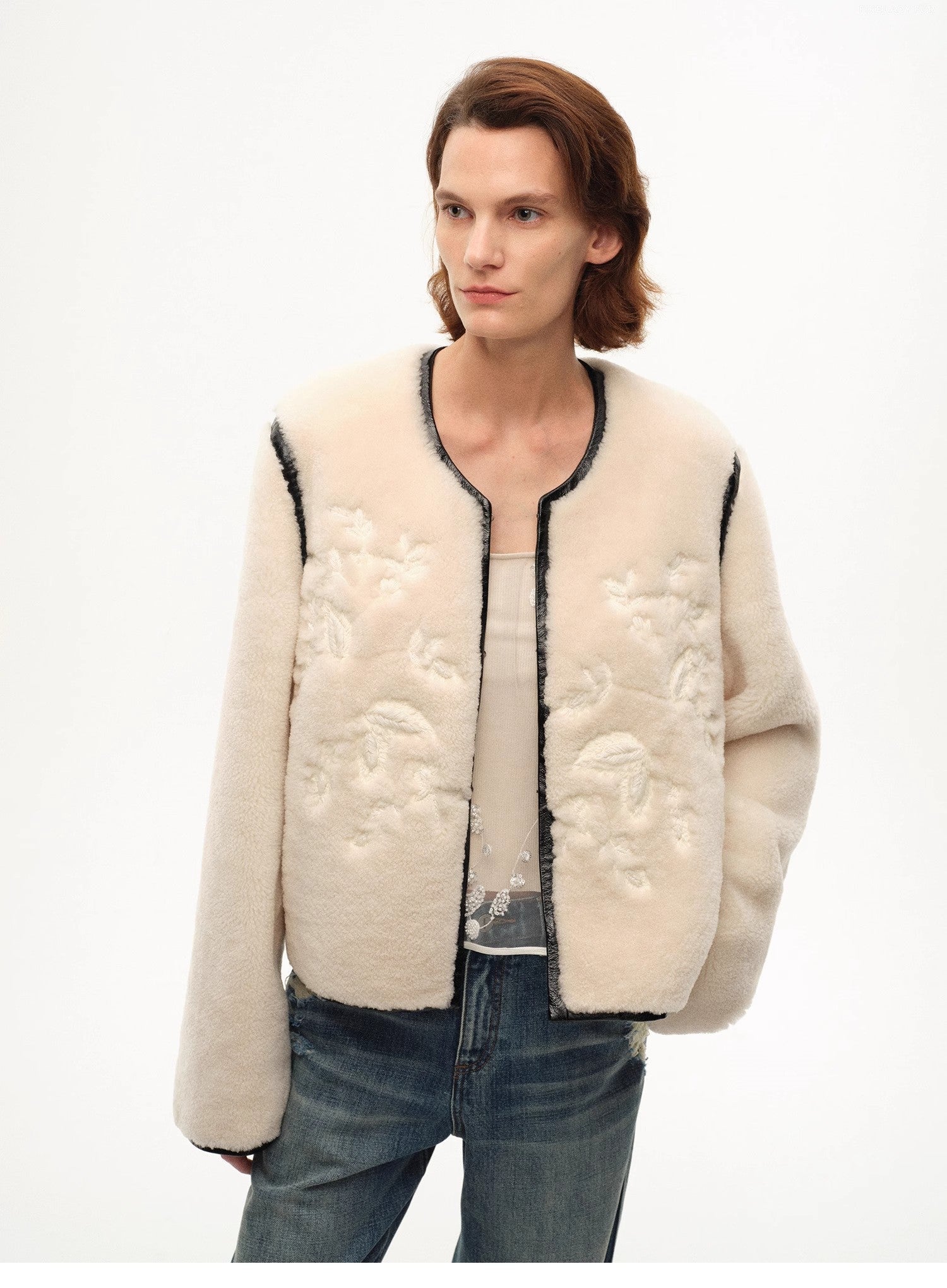 "FF×JW Muse Project" embroidered round neck short merino wool sheepskin fur coat - variant_title