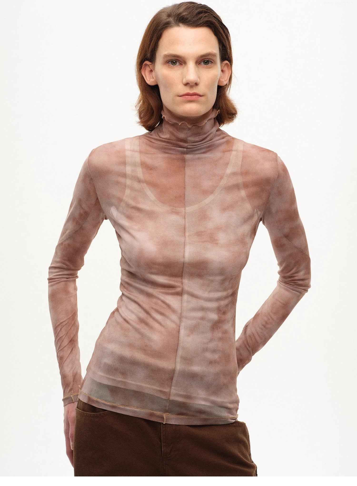 [FF×JW Rich Dusk] Exquisite and fashionable mesh rendering high collar T-shirt bottoming shirt - variant_title