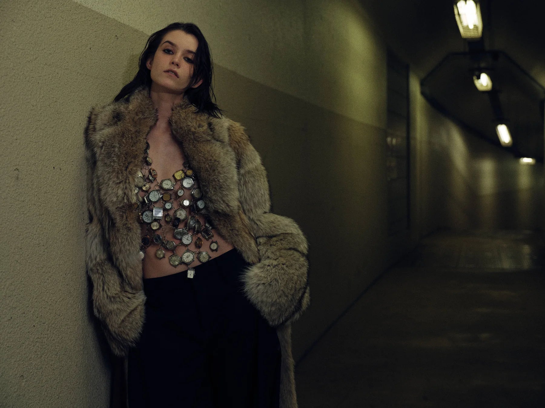 Fur coat in a low-light evening setting for entrance styling