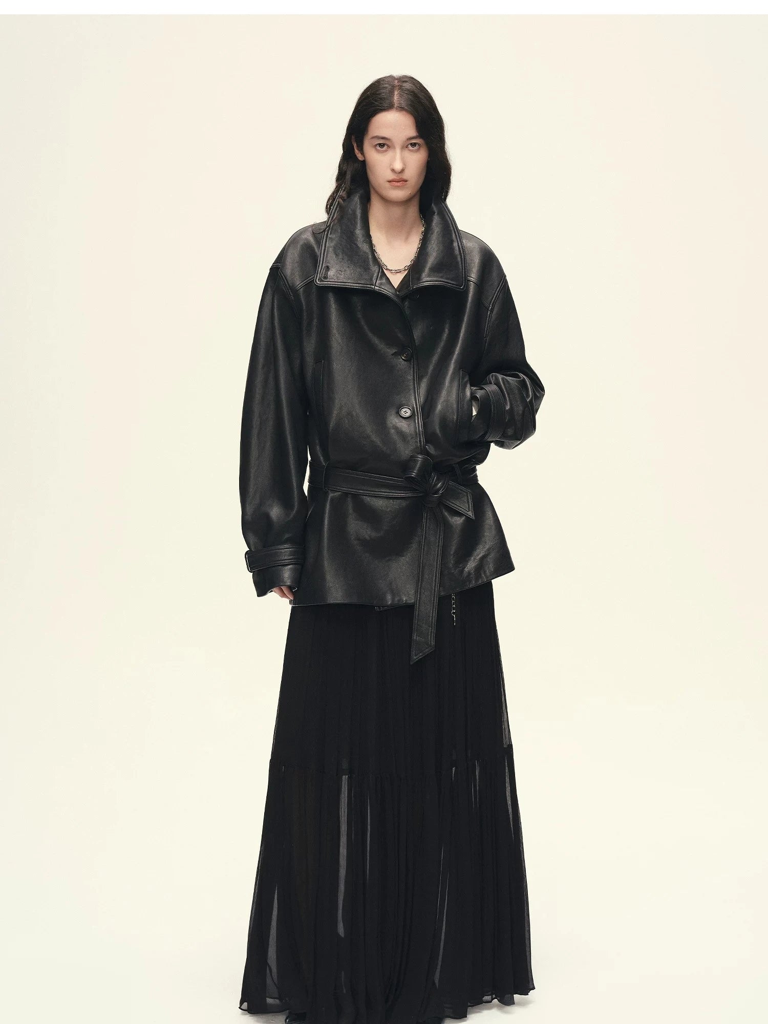 Full body view of Firelady Fur black sheepskin leather belted jacket for women
