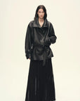Full body view of Firelady Fur black sheepskin leather belted jacket for women