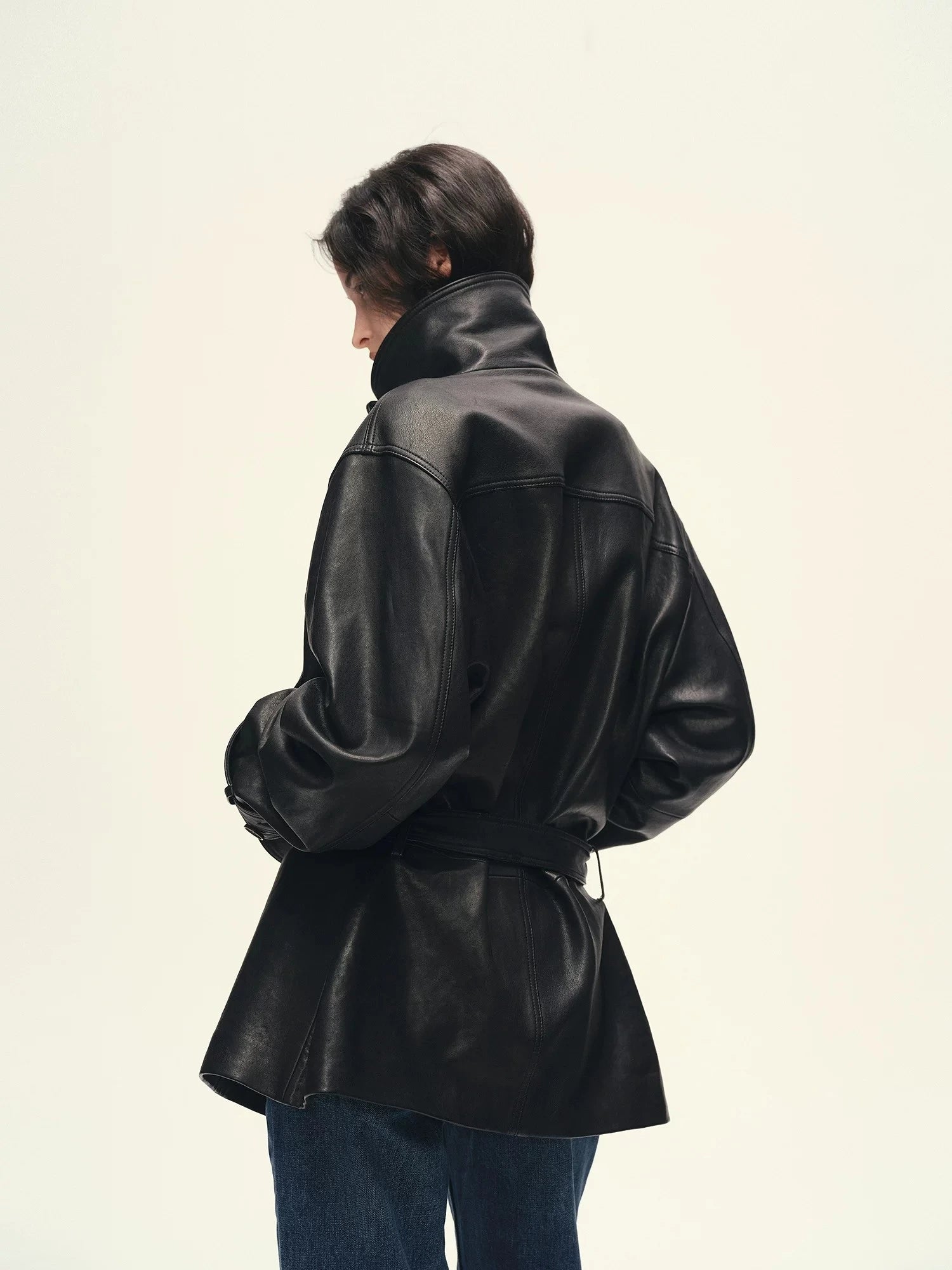 Back view of Firelady Fur black sheepskin leather jacket with straight mid-long fit
