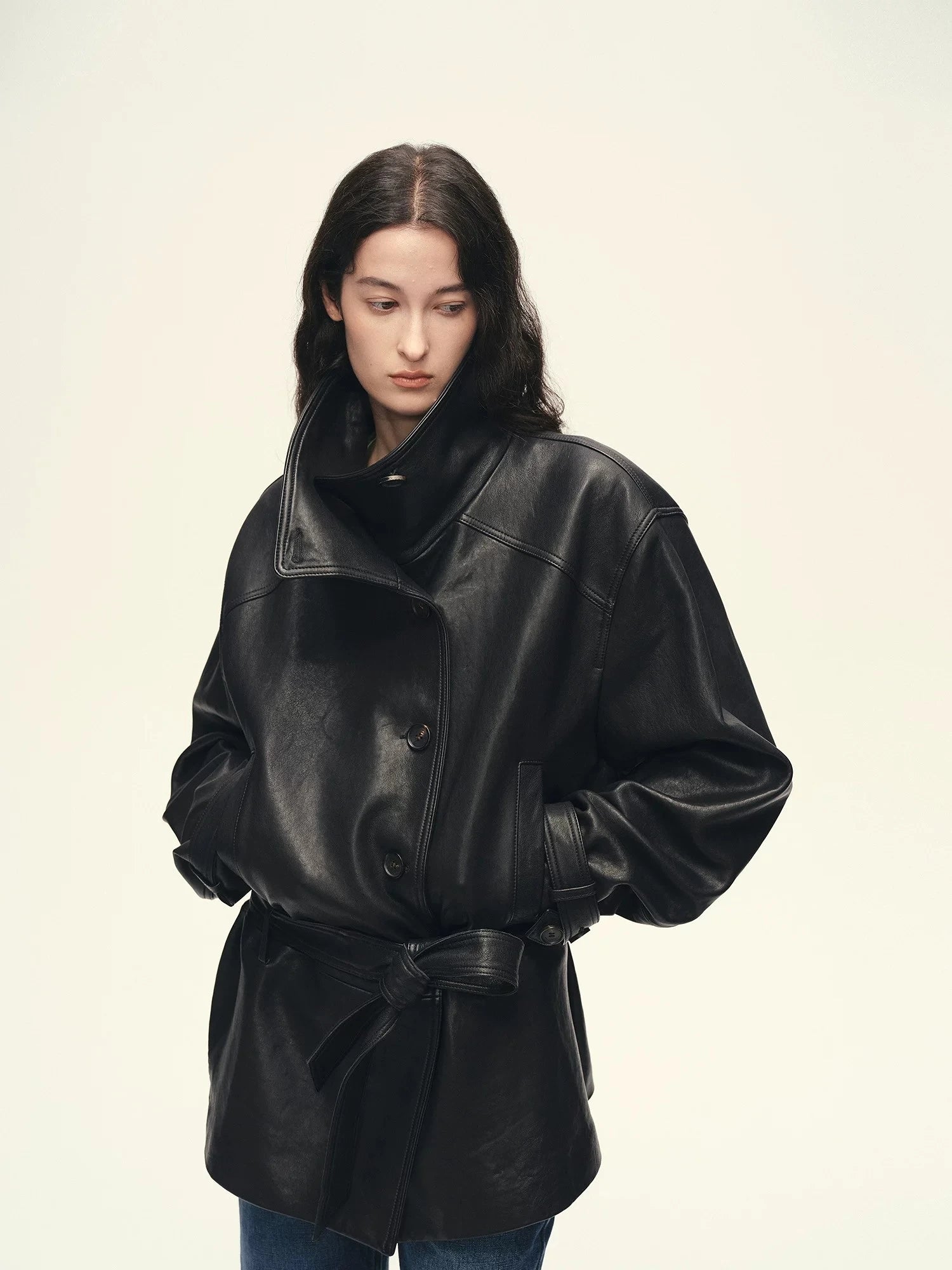 Half body view of Firelady Fur black vegetable-tanned sheepskin leather jacket