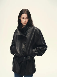 Half body view of Firelady Fur black vegetable-tanned sheepskin leather jacket