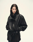 Half body view of Firelady Fur black vegetable-tanned sheepskin leather jacket