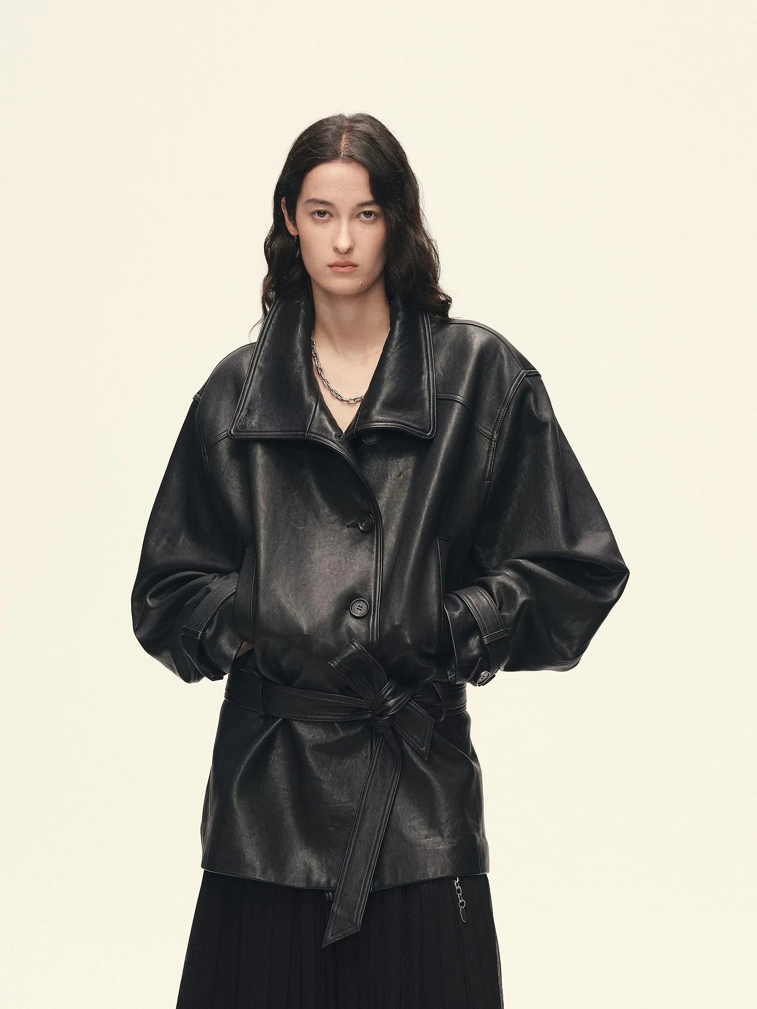 Firelady Fur women's black vegetable-tanned sheepskin leather belted jacket front view