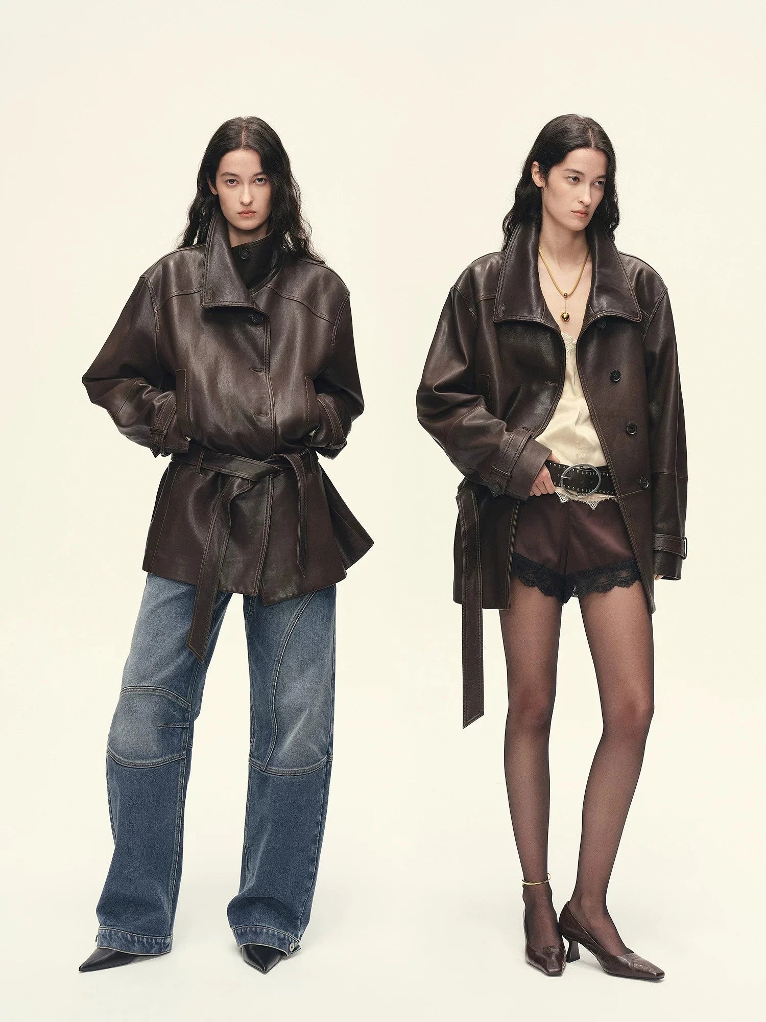 Firelady Fur women's deep brown two-tone vegetable-tanned sheepskin leather jacket styling