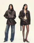 Firelady Fur women's deep brown two-tone vegetable-tanned sheepskin leather jacket styling