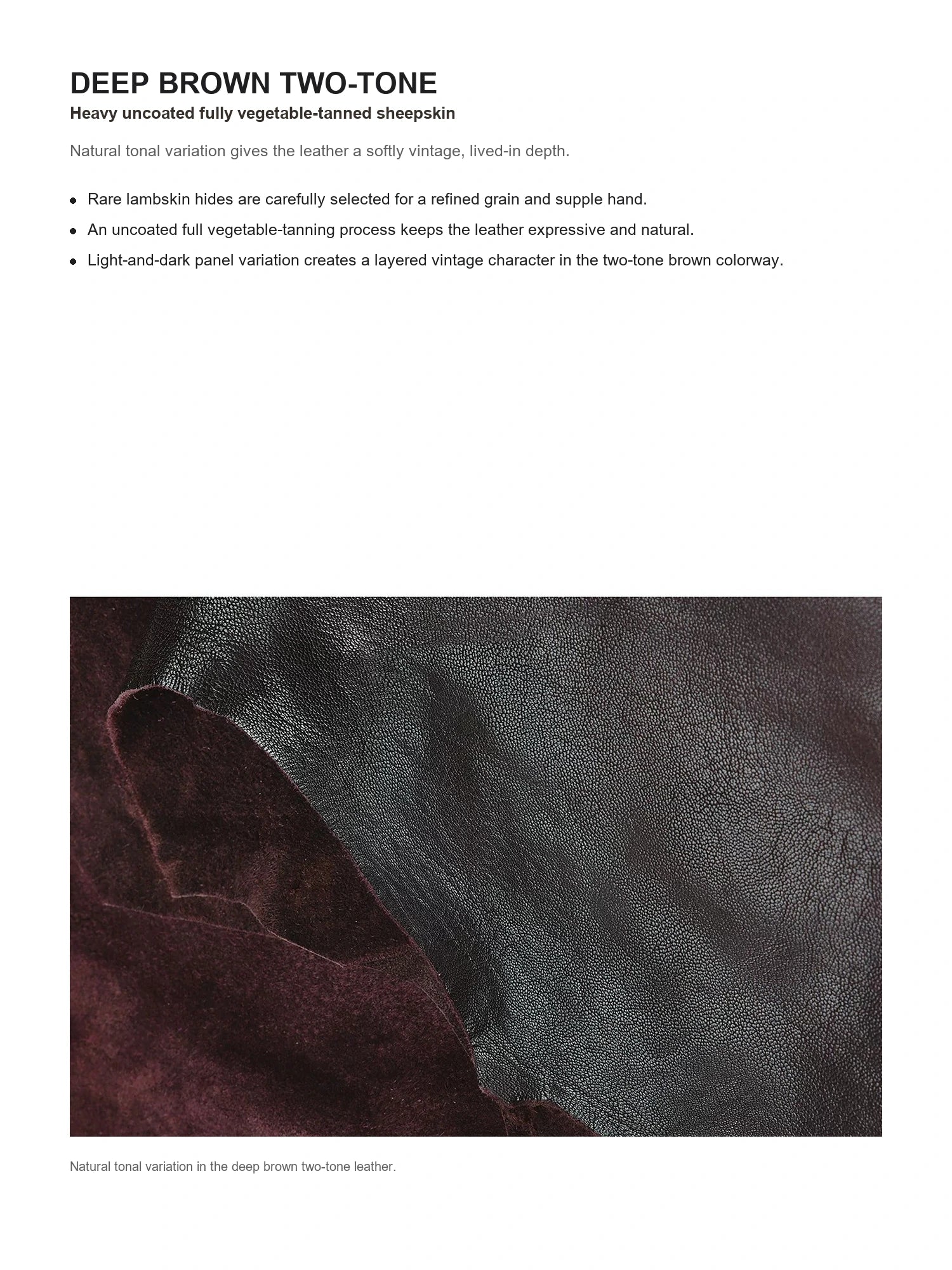 Deep brown two-tone sheepskin leather process detail for Firelady Fur vegetable-tanned jacket