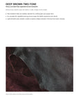 Deep brown two-tone sheepskin leather process detail for Firelady Fur vegetable-tanned jacket