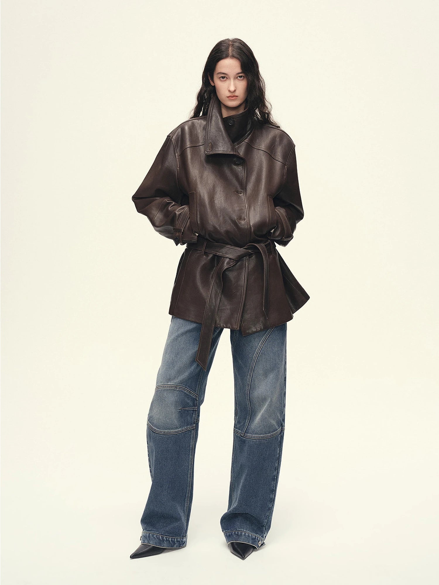 Deep brown two-tone vegetable-tanned sheepskin leather color detail for Firelady Fur jacket