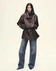 Deep brown two-tone vegetable-tanned sheepskin leather color detail for Firelady Fur jacket