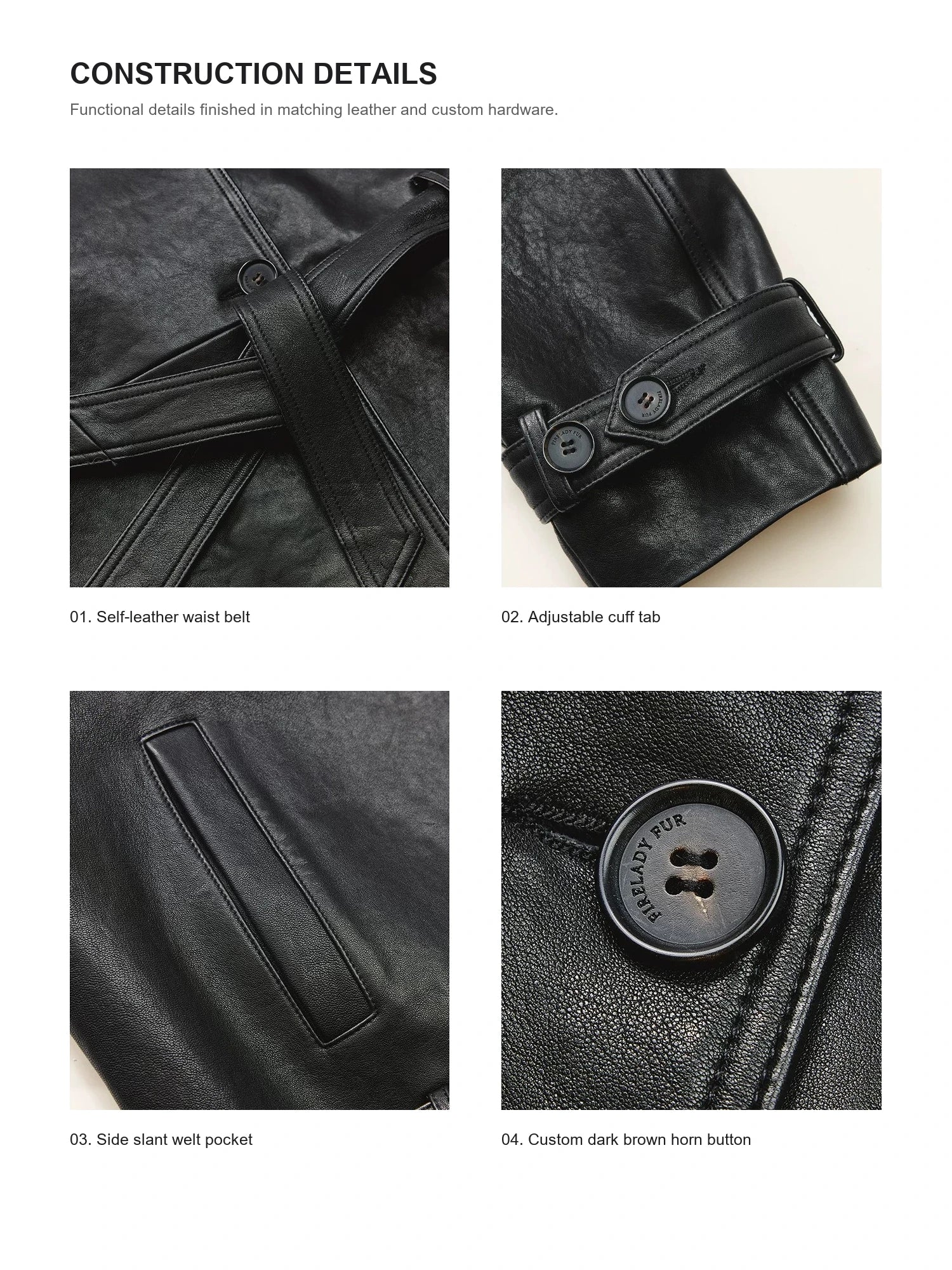 Hardware and construction details on Firelady Fur vegetable-tanned sheepskin leather jacket