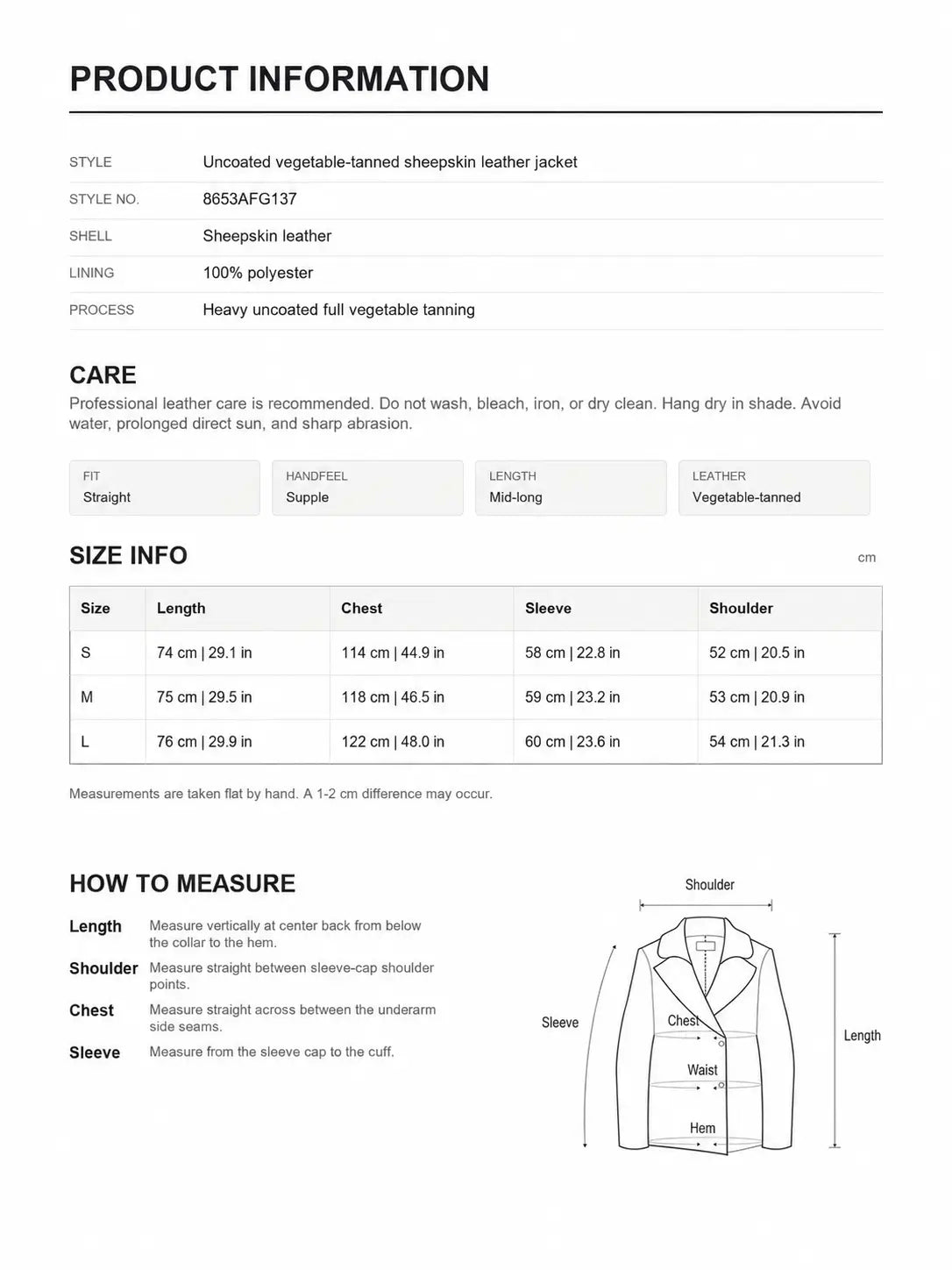 Product information and size chart for Firelady Fur 8653AFG137 vegetable-tanned sheepskin leather jacket