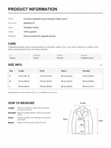Product information and size chart for Firelady Fur 8653AFG137 vegetable-tanned sheepskin leather jacket