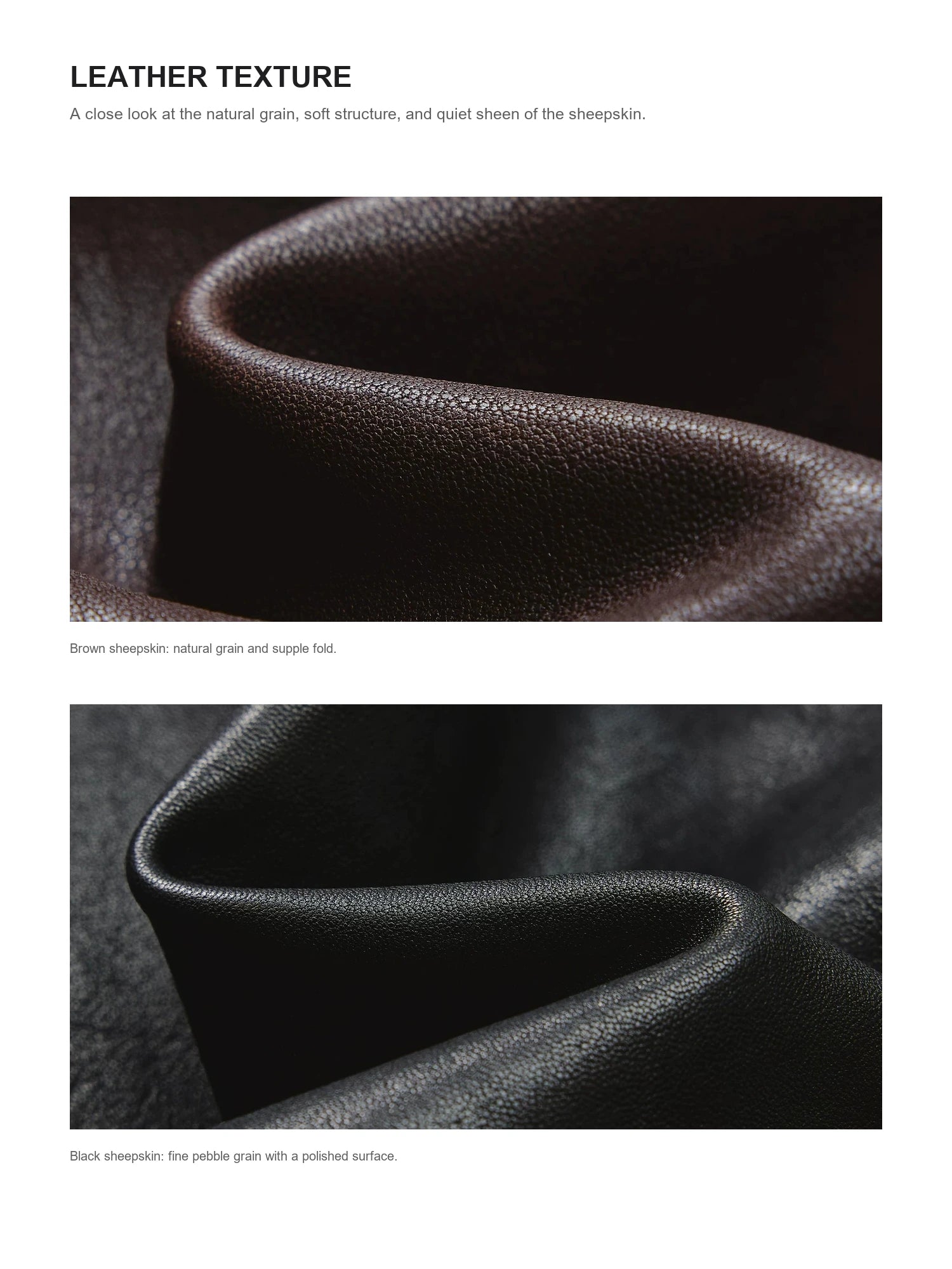 Vegetable-tanned sheepskin leather texture details on Firelady Fur women's jacket