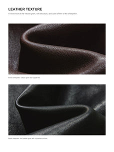 Vegetable-tanned sheepskin leather texture details on Firelady Fur women's jacket