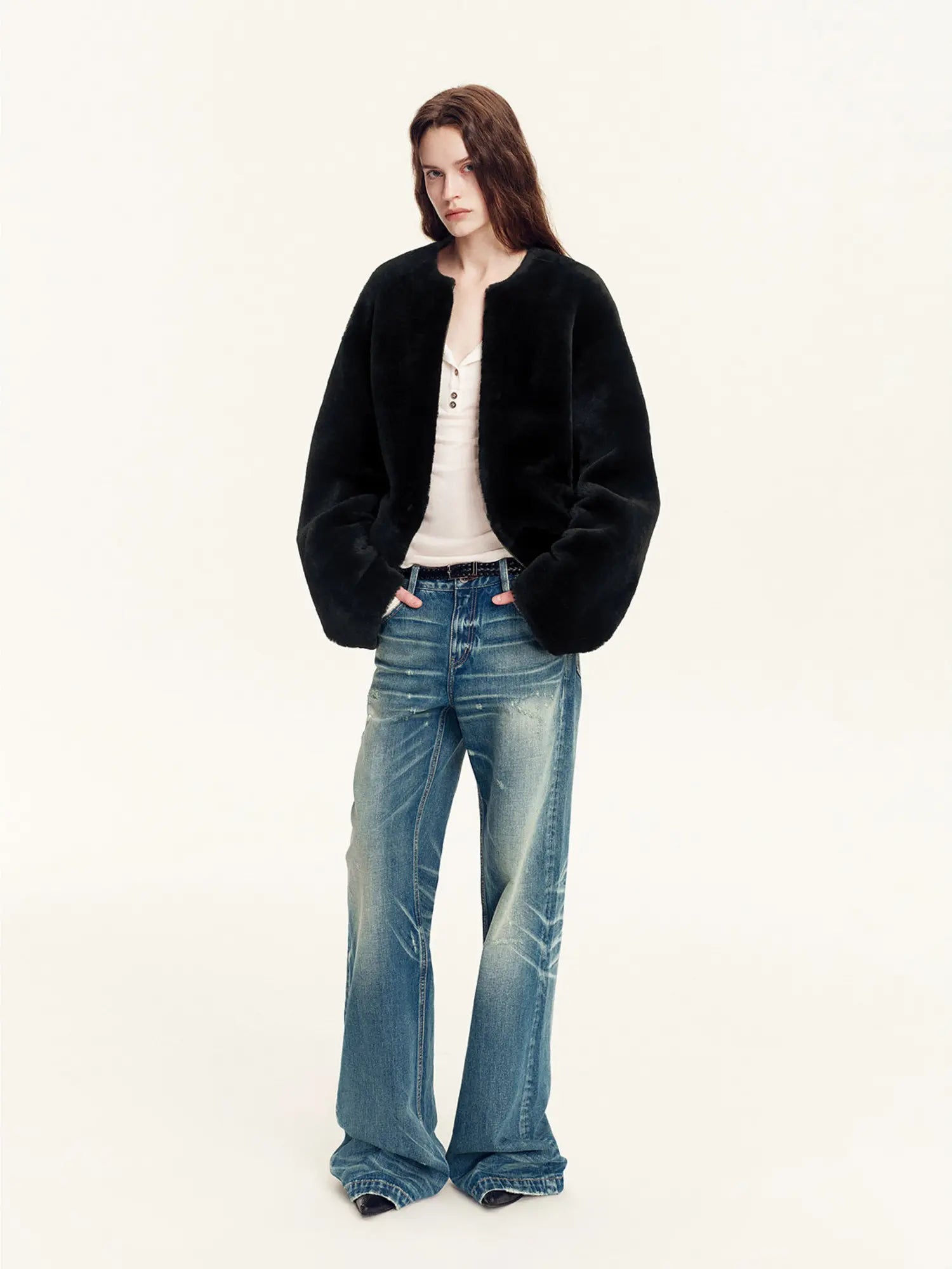 Black Merino shearling jacket with clean round neckline