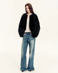 Black Merino shearling jacket with clean round neckline