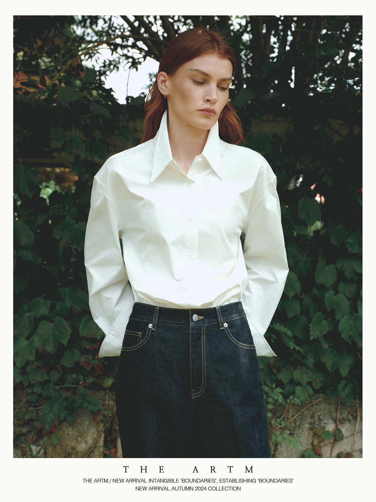 White shirt and dark trouser base with visible shoes for clean proportion