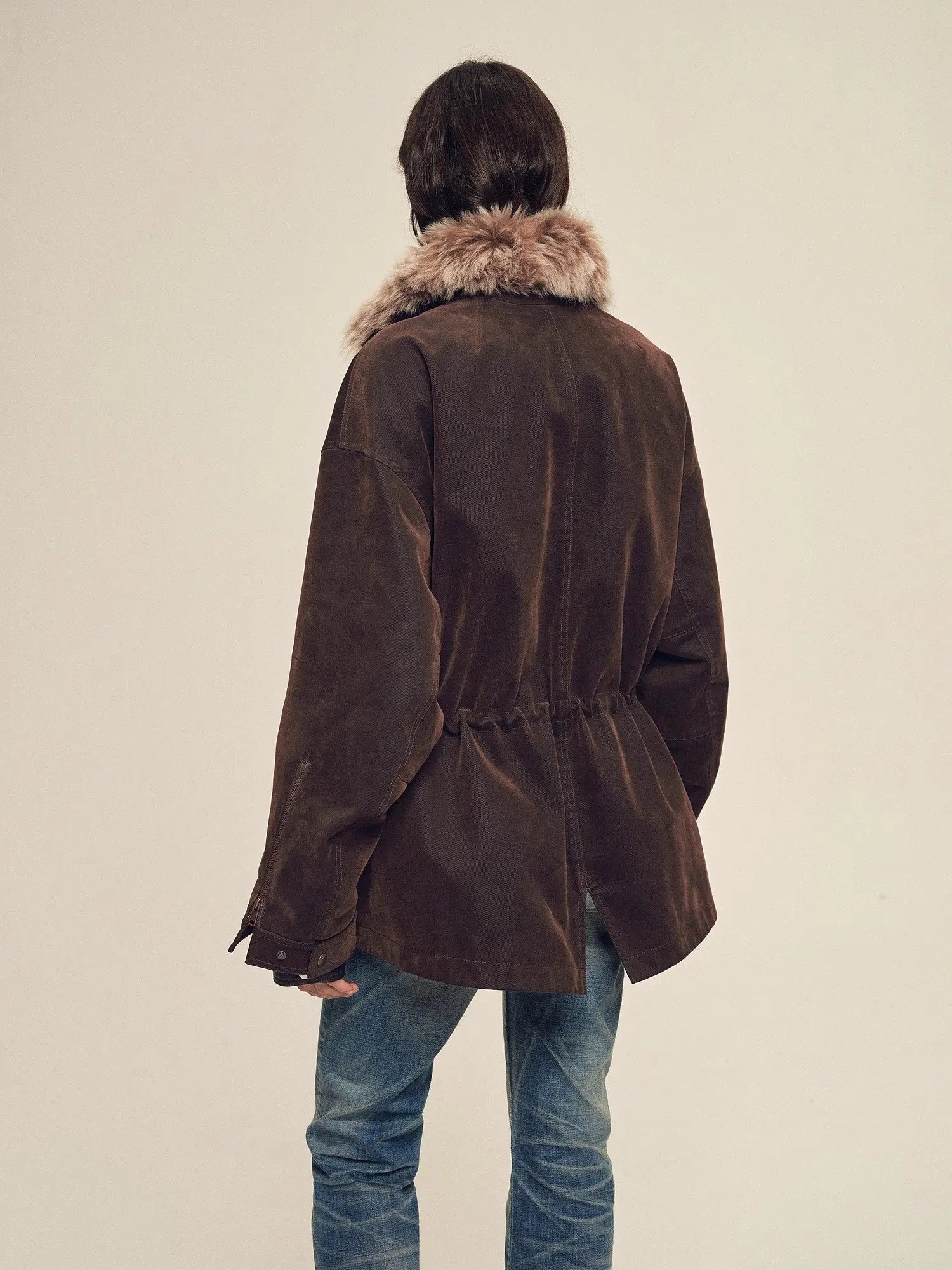 Firelady Fur women's Coffee detachable fur collar parka back view on model