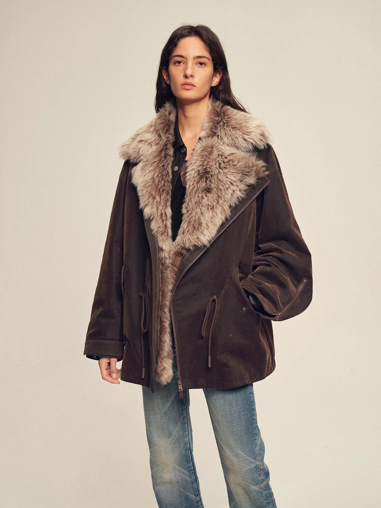 Firelady Fur women's Coffee detachable fur collar parka full-body front view on model
