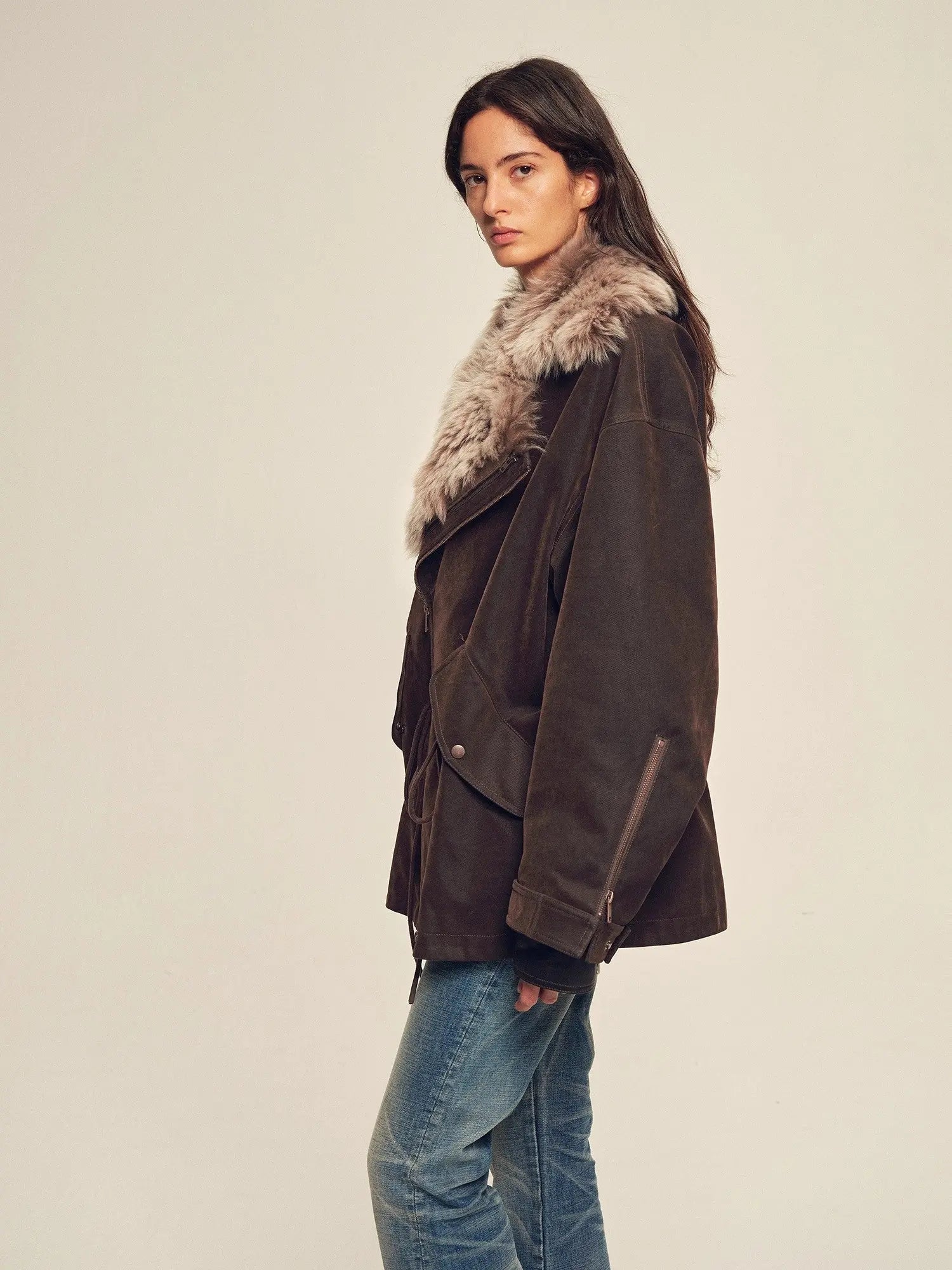 Firelady Fur women's Coffee detachable two-tone fur collar parka side view on model
