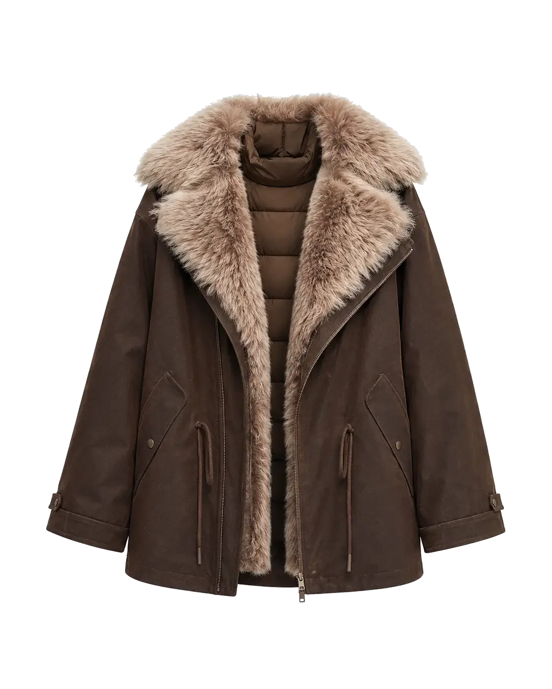 Firelady Fur women's Coffee detachable two-tone fur collar parka front cutout
