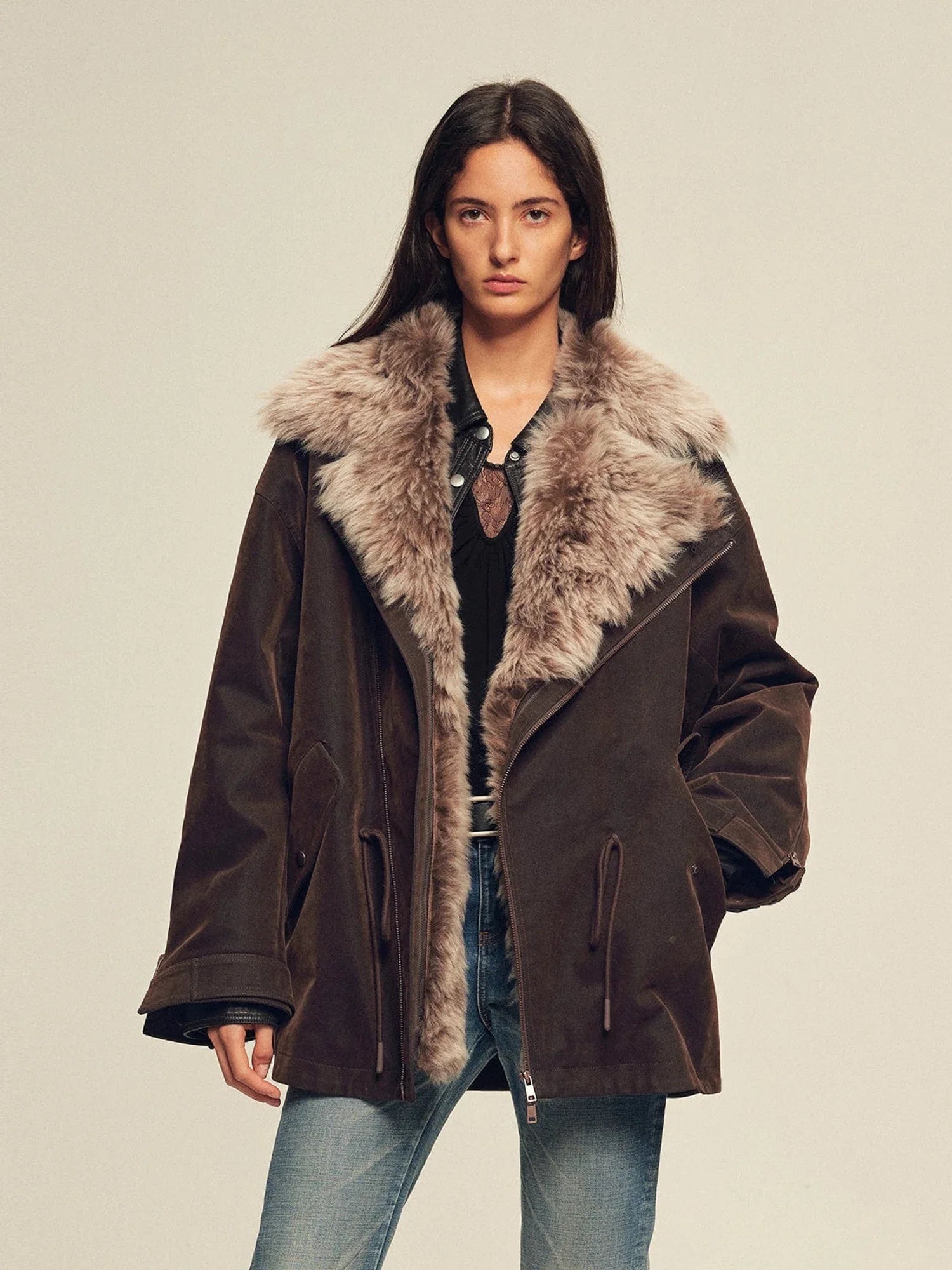 Model wearing Firelady Fur women's Coffee detachable two-tone fur collar parka front view