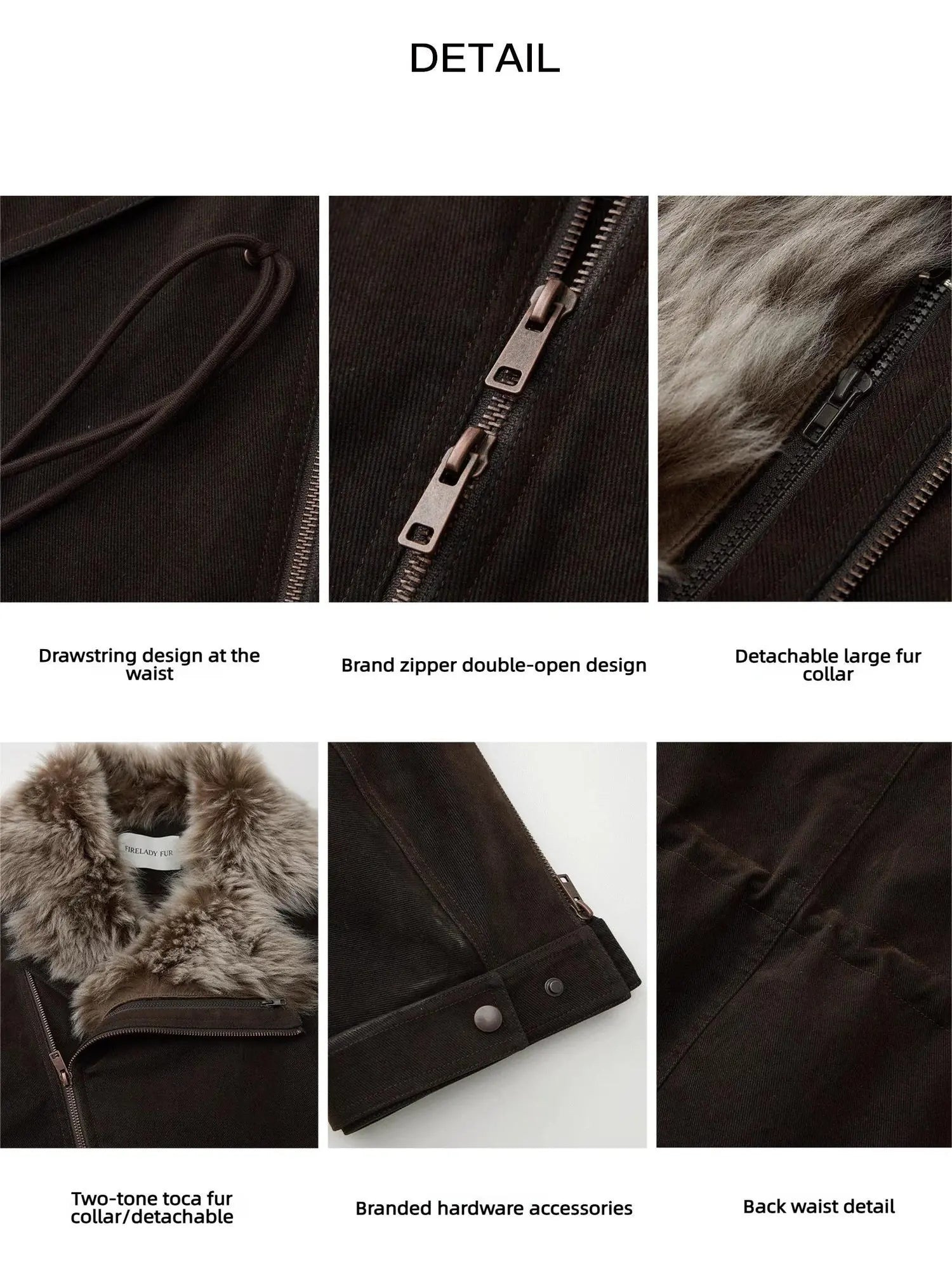 Firelady Fur women's Coffee parka details including drawstring zipper detachable fur collar and hardware