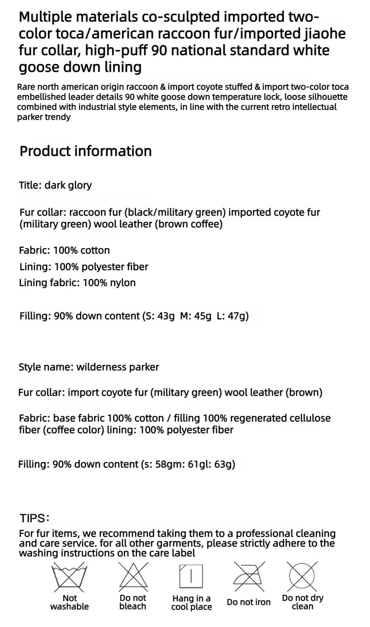 Firelady Fur women's Coffee detachable two-tone fur collar parka materials care and product information