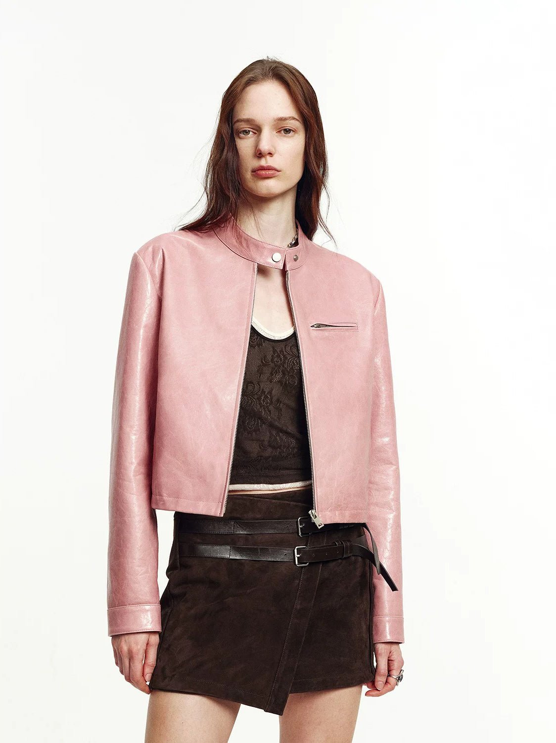 Firelady Fur Cropped Stand Collar Leather Moto Jacket For Women Biker Outerwear "Punk Party"Firelady Fur