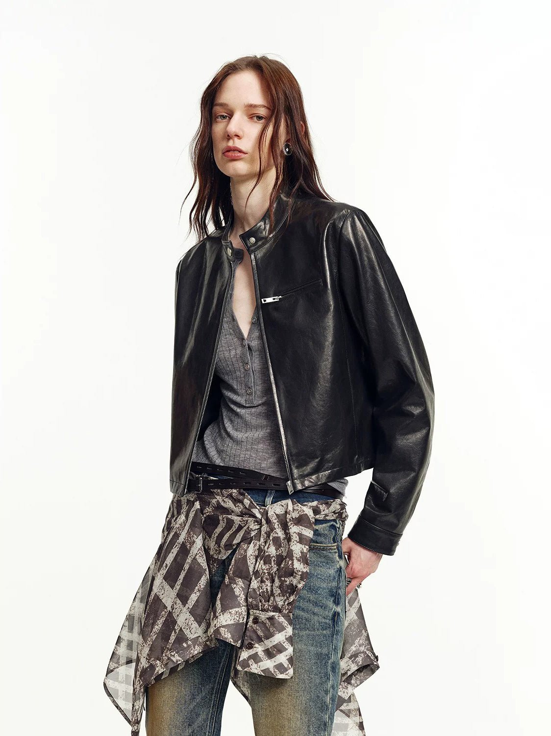 Firelady Fur Cropped Stand Collar Leather Moto Jacket For Women Biker Outerwear "Punk Party"Firelady Fur