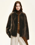 Dark brown Merino shearling jacket front model look