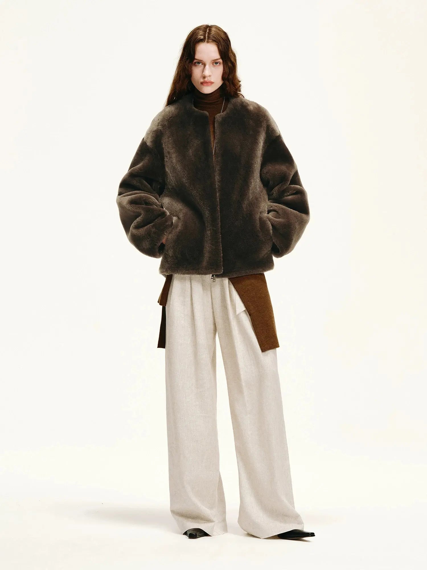 Dark brown Merino shearling jacket full outfit styling