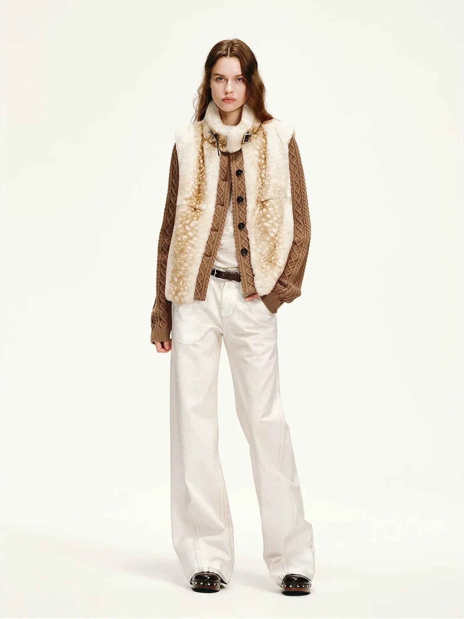 Model wearing Firelady Fur Fawn Reverie rabbit fur jacket in Fawn Pattern full length