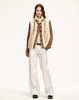 Model wearing Firelady Fur Fawn Reverie rabbit fur jacket in Fawn Pattern full length